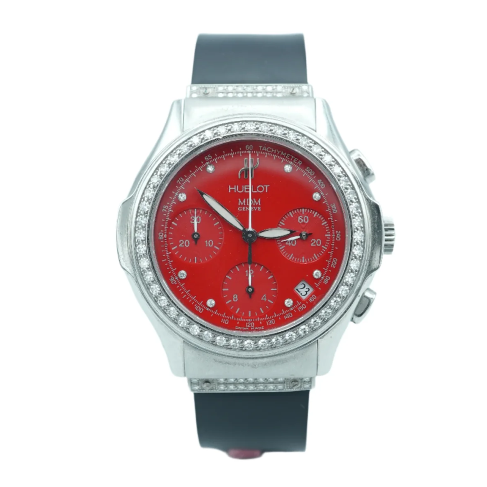 Hublot 1810.1.054 Chronograph MDM Factory Diamond Bezel Red Dial Black Rubber Strap 1990