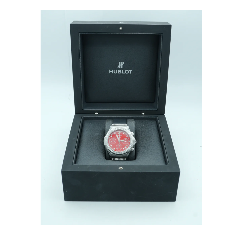Hublot 1810.1.054 Chronograph MDM Factory Diamond Bezel Red Dial Black Rubber Strap 1990
