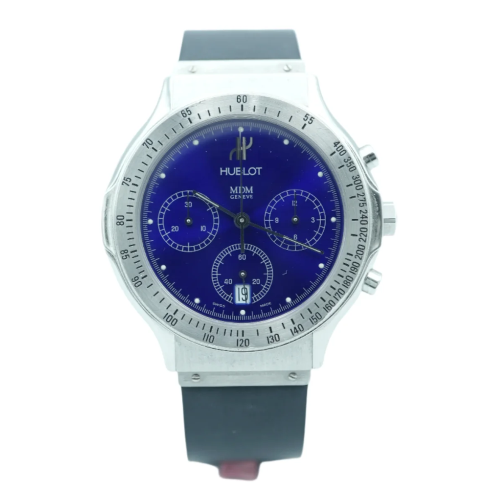 Hublot 1621.1 Classic Chronograph Quartz Blue Dial Black Rubber Strap Unisex Watch 1990