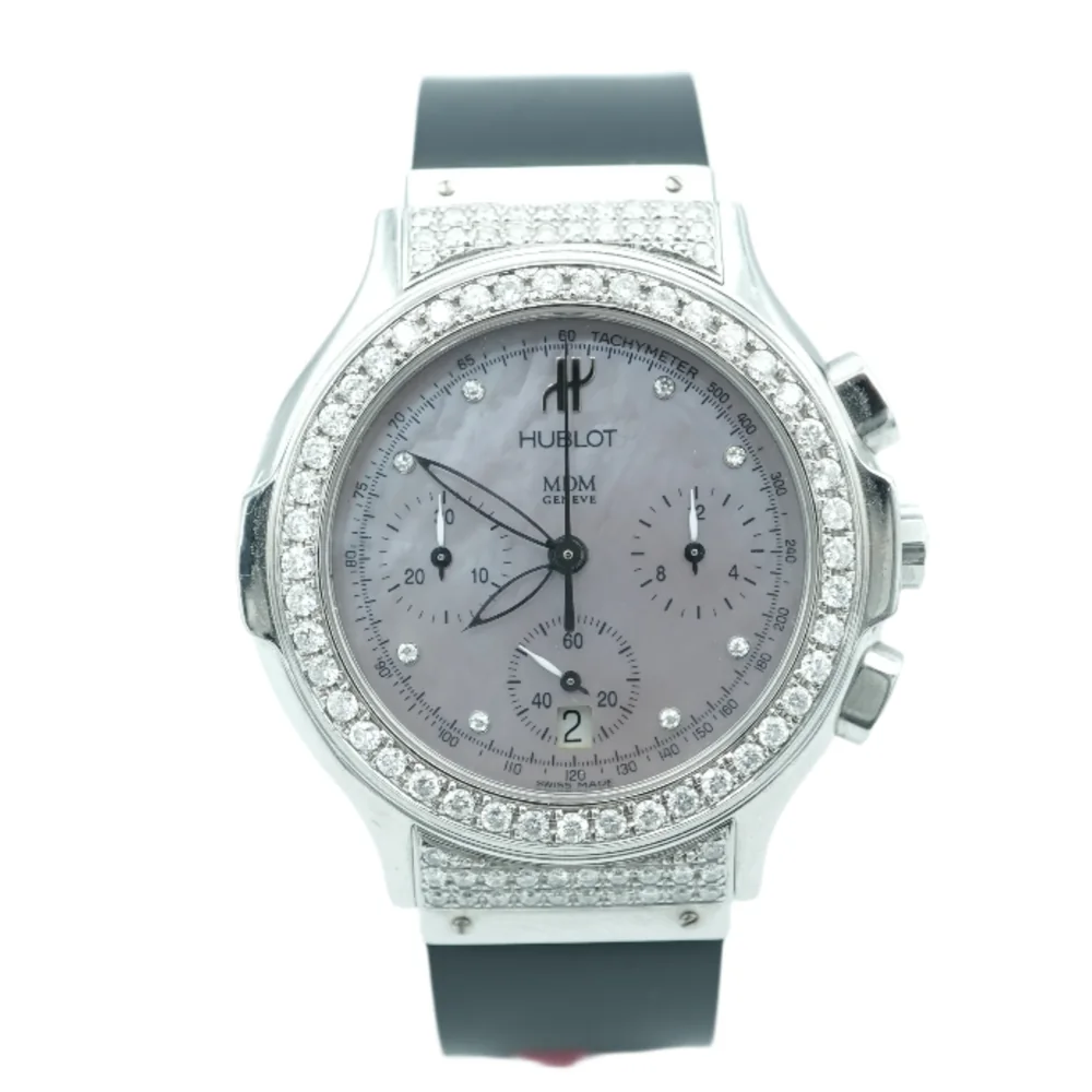 Hublot 1640.1 Elegant Chronograph Mdm Factory Diamond Bezel MOP Dial Black Rubber Strap 1990