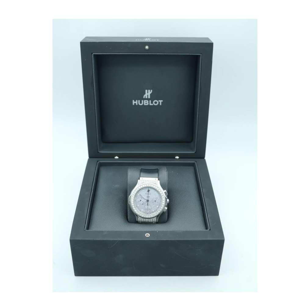 Hublot 1640.1 Elegant Chronograph Mdm Factory Diamond Bezel MOP Dial Black Rubber Strap 1990