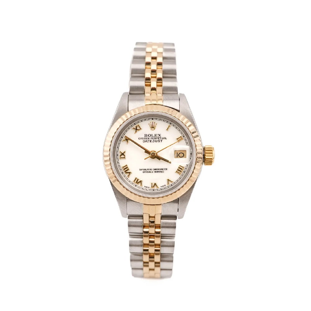 Rolex 69173 Lady-Datejust 26 mm Fluted Bezel White Roman Dial Jubilee Bracelet Complete Set 1991