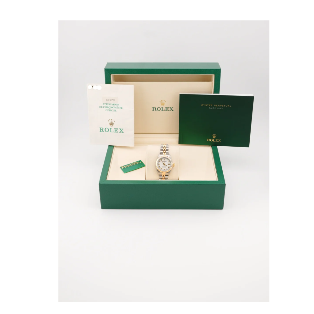 Rolex 69173 Lady-Datejust 26 mm Fluted Bezel White Roman Dial Jubilee Bracelet Complete Set 1991