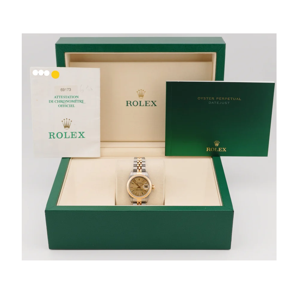 Rolex 69173 Lady-Datejust 26 mm Champagne Index Dial Jubilee Bracelet Complete Set 1997