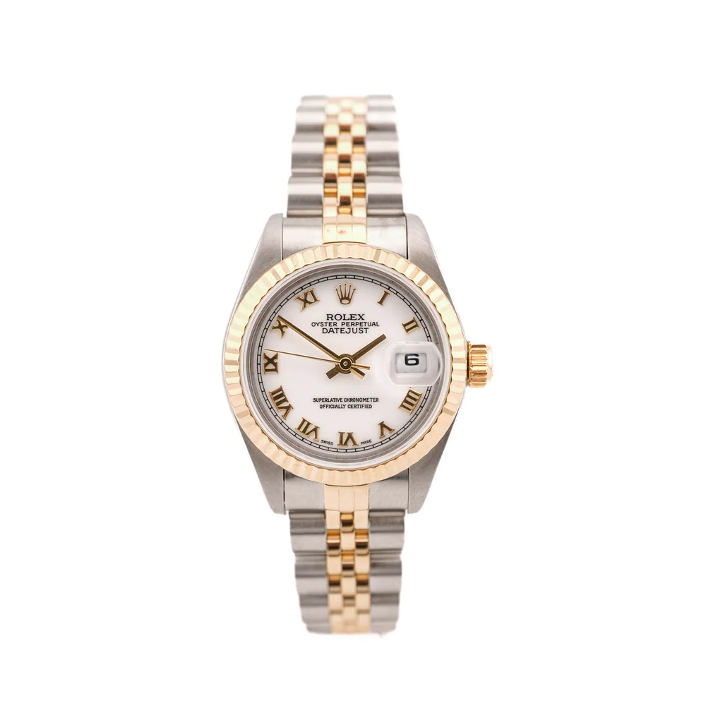 Rolex 79173 Lady-Datejust 26 mm Fluted Bezel White Roman Dial Jubilee Bracelet Complete Set 2000