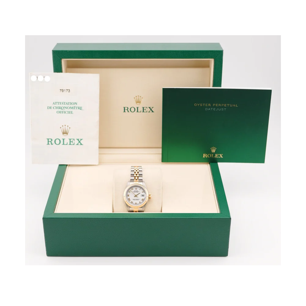 Rolex 79173 Lady-Datejust 26 mm Fluted Bezel White Roman Dial Jubilee Bracelet Complete Set 2000