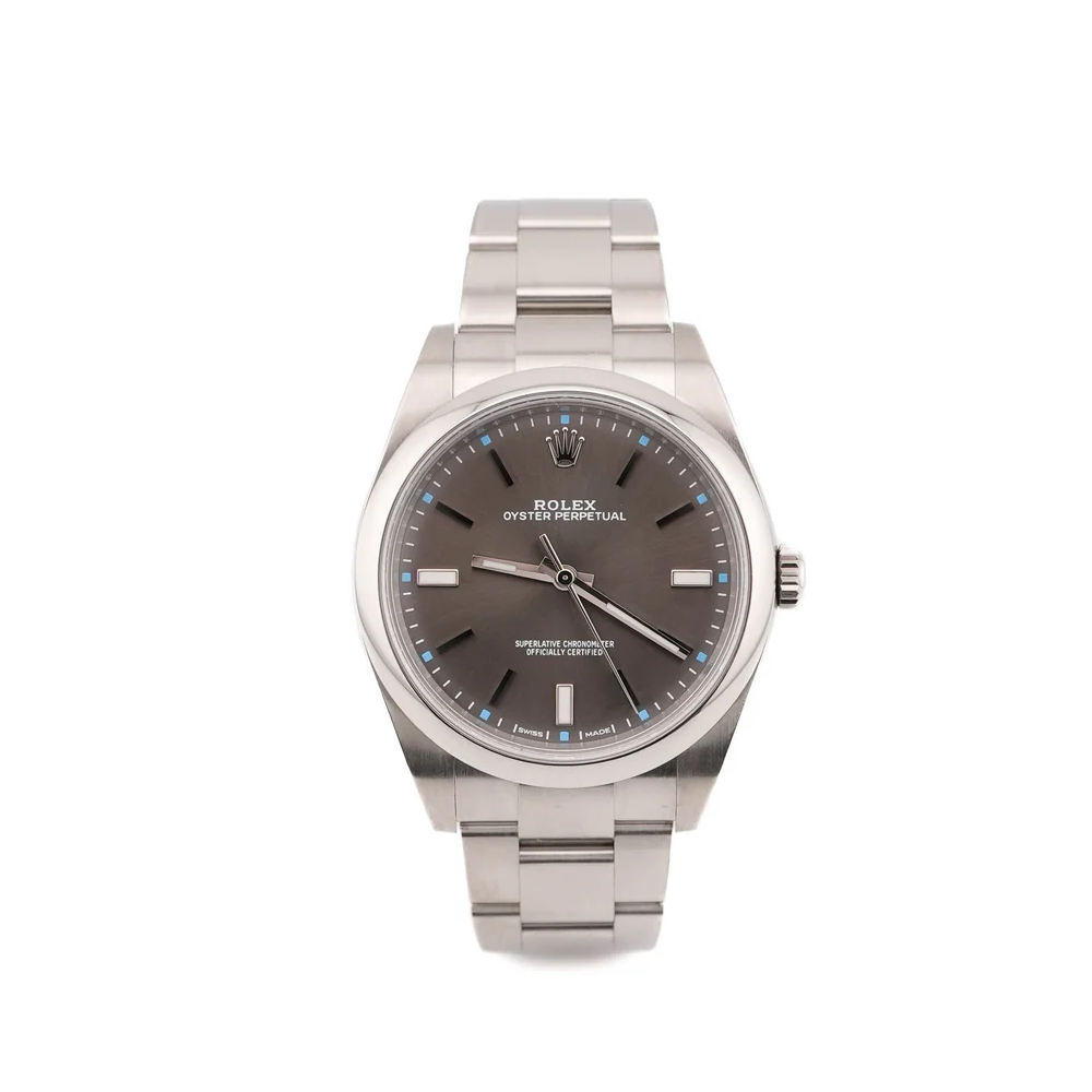 Rolex 114300 Oyster Perpetual 39 mm Smooth Bezel Dark Rhodium Grey Dial Complete Set 2017