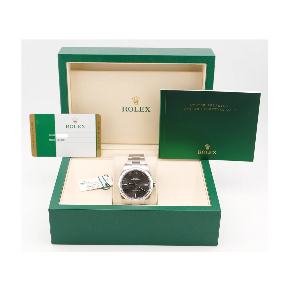 Rolex 114300 Oyster Perpetual 39 mm Smooth Bezel Dark Rhodium Grey Dial Complete Set 2017