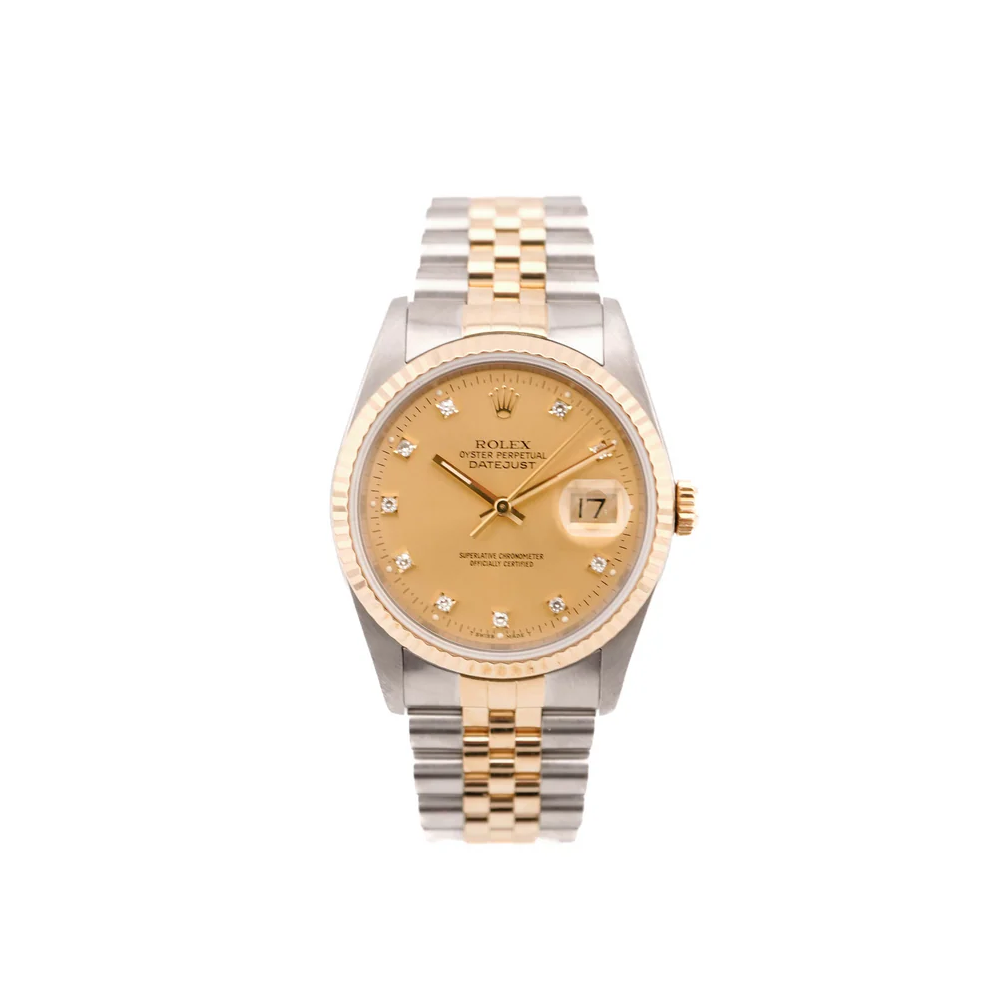 Rolex 16233 Datejust 36 mm Champagne Factory Diamond Dial Jubilee Bracelet Complete Set 1989