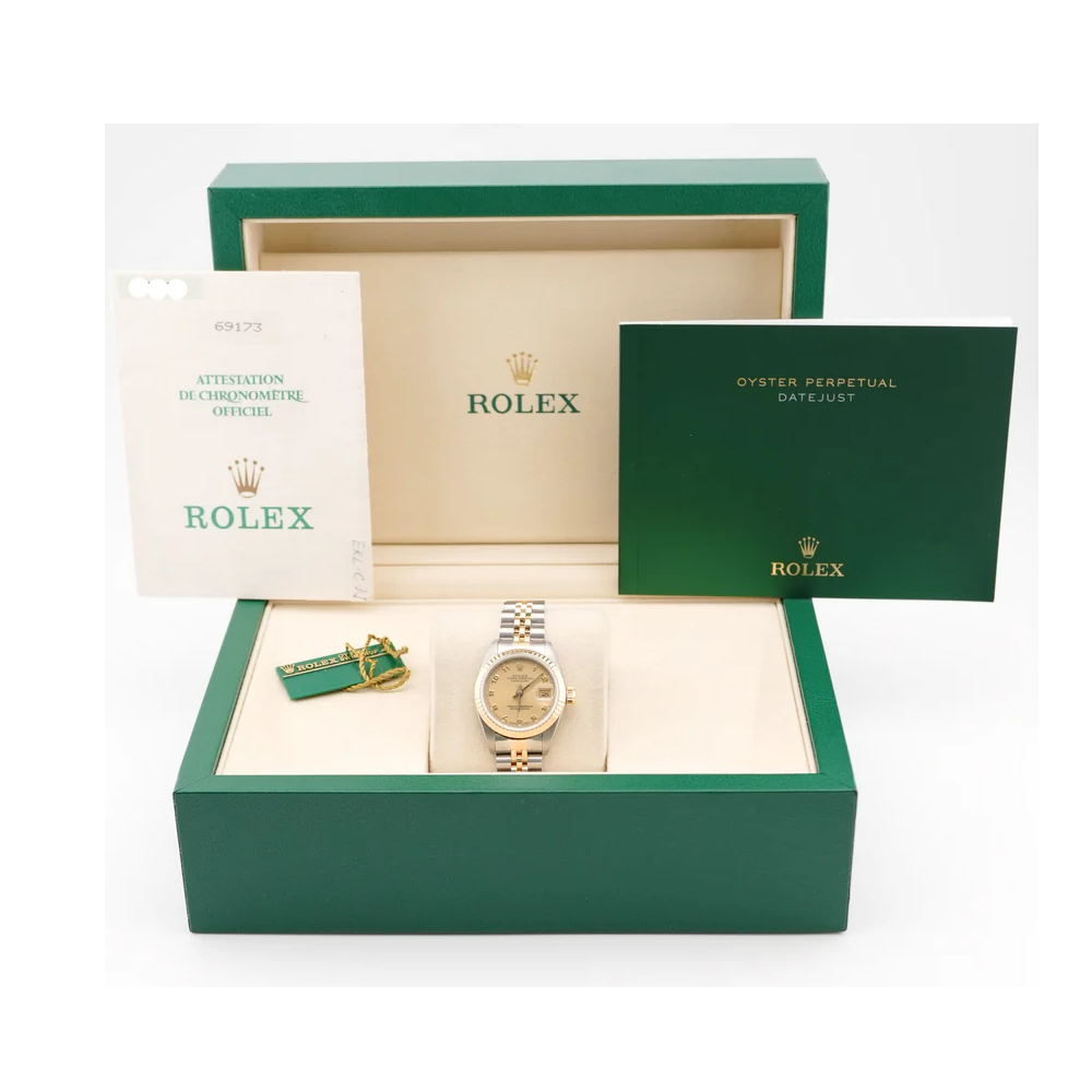 Rolex 69173 Lady-Datejust 26 mm Champagne Arabic Dial Jubilee Bracelet Complete Set 1990